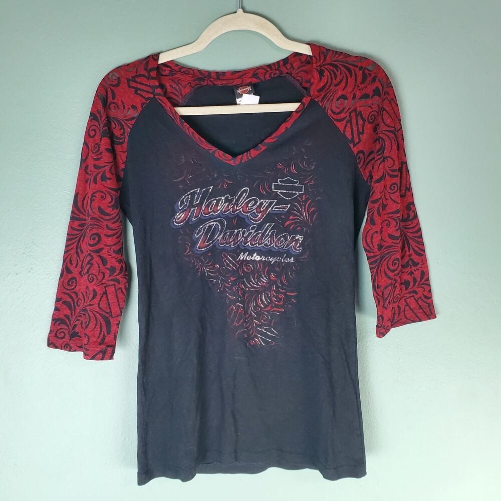 Harley Davidson Womens V-Neck Red Burnout Raglan Tee Size Small Portland Oregon